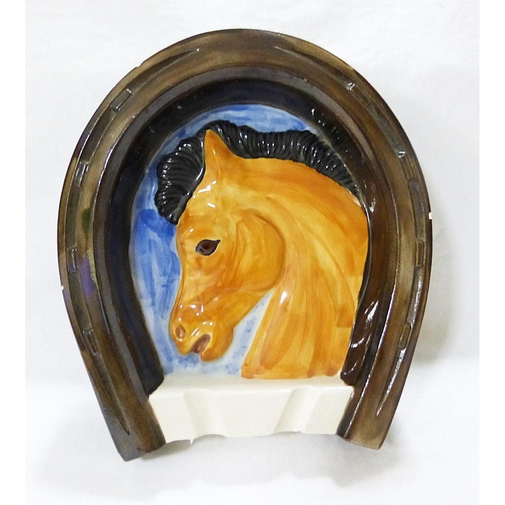 Vtg horseshoe ashtray ceramic horse hand painted home decor 1974 western rugged